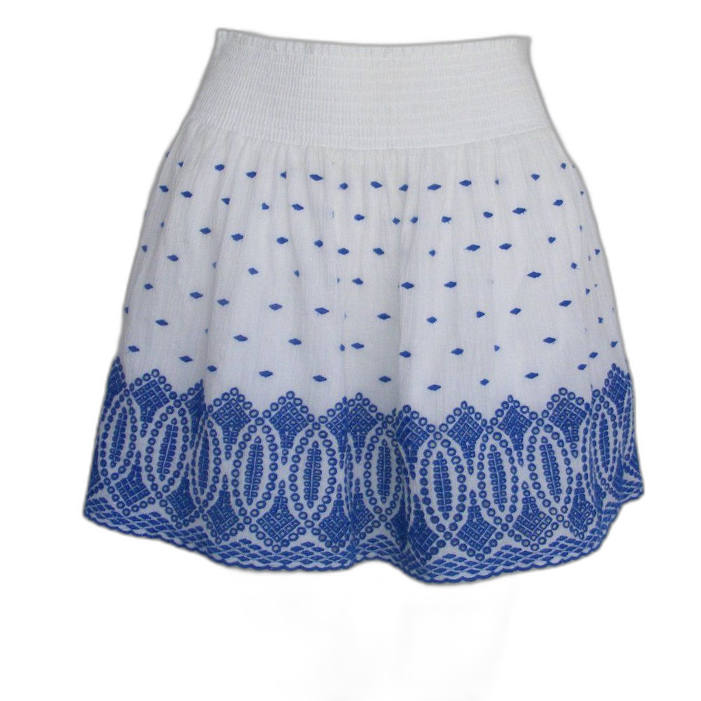 J.CREW Skirt, XS, Smock waist, White/Blue Gauze, Above the knee, Eyelet hem